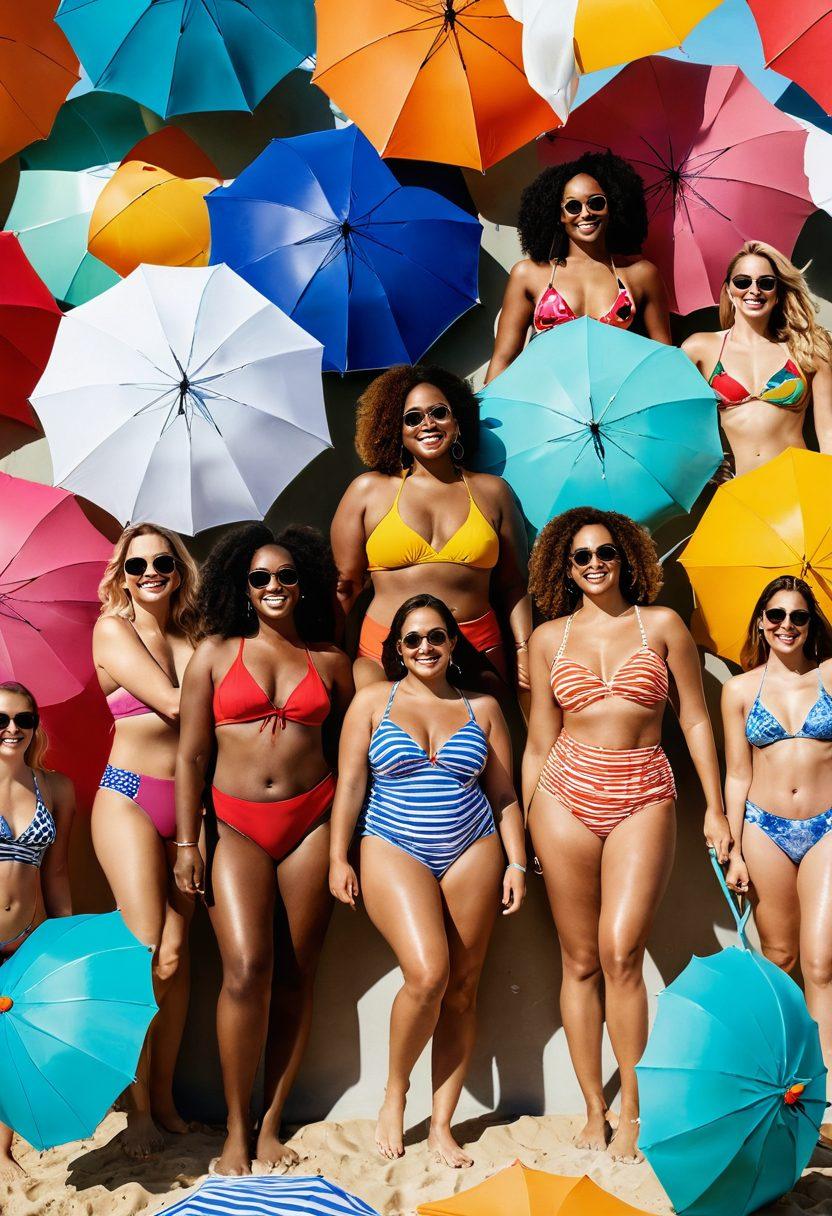 A vibrant beach scene showcasing diverse women of various body types confidently wearing stylish swimwear, with bright umbrellas and playful beach toys in the background. The sun is shining, casting warm light on their joyful expressions as they embrace body positivity. Include an array of swimsuits, from bikinis to one-pieces, highlighting inclusivity. super-realistic. vibrant colors. sunny beach setting.